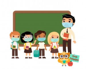 asian male teacher international pupils with protective masks their faces boys girls dressed school uniform male teacher respiratory virus protection allergies con