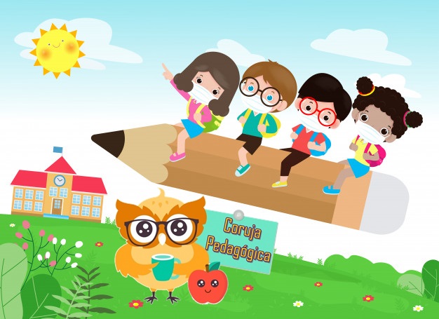back school new normal lifestyle concept happy group kids wearing face mask social distancing protect coronavirus covid 19 illustration children riding big pencil