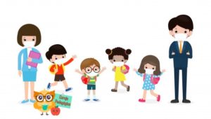 back school new normal lifestyle concept happy students kids teachers wearing face mask protect corona virus covid 19 school isolated white background illustration 1