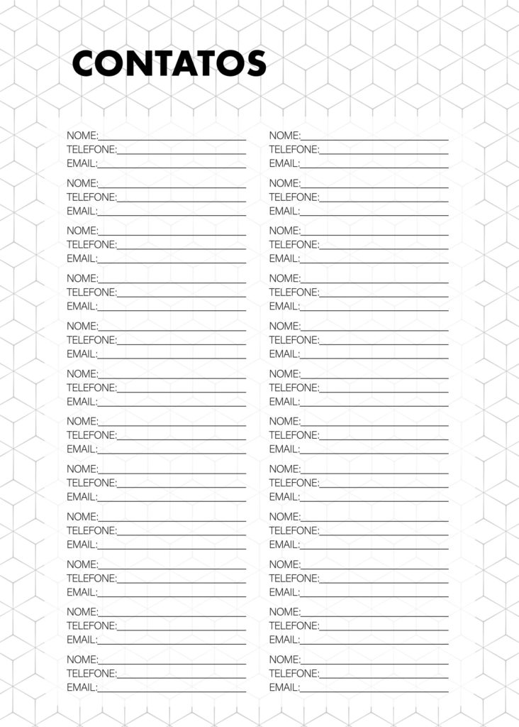PLANNER 2021 PRETO E BRANCO completo para baixar gratuitamente - USO PESSOAL Planner Preto e Branco Contatos