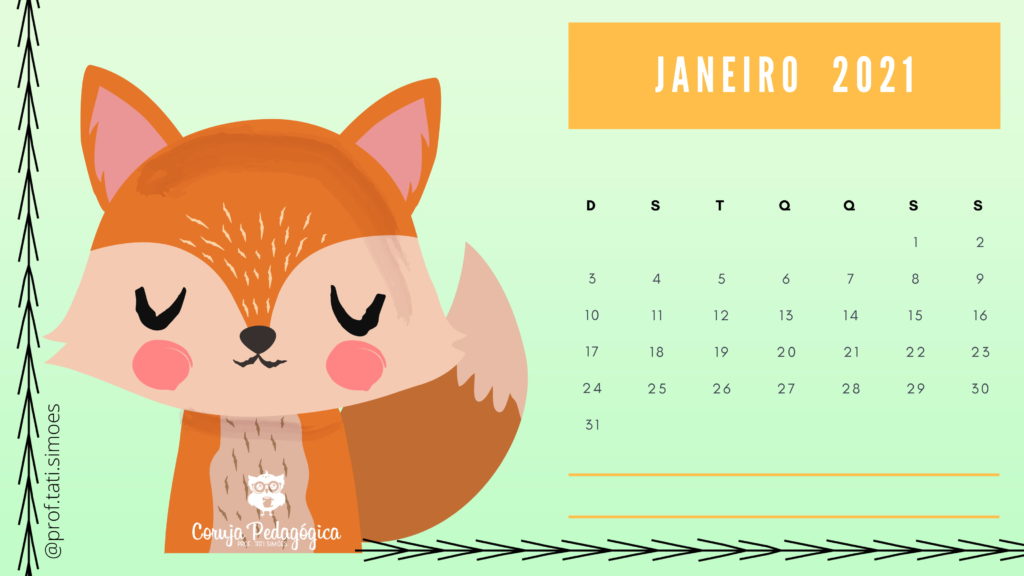 calendario mensal 2021 animais da floresta coruja pedagogica 01