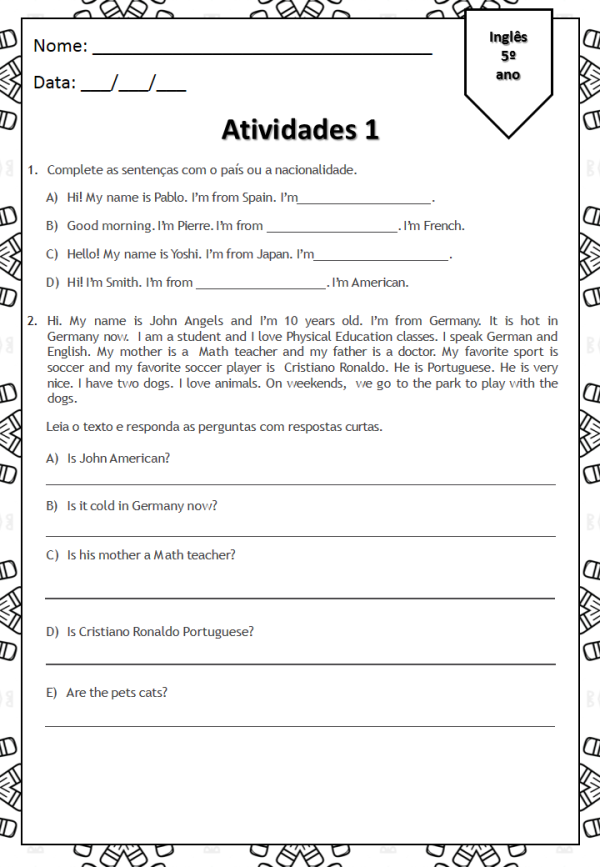 5º atividades INGLÊS com gabarito - Coruja Pedagógica