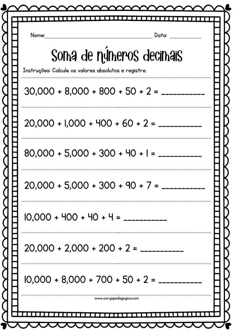 Atividades de soma de numeros decimais 1