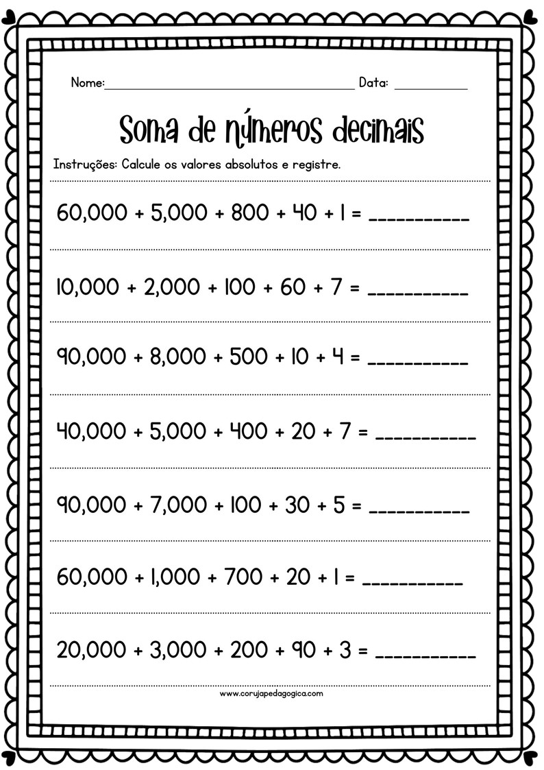 Atividades de soma de números decimais Atividades de soma de numeros decimais 3