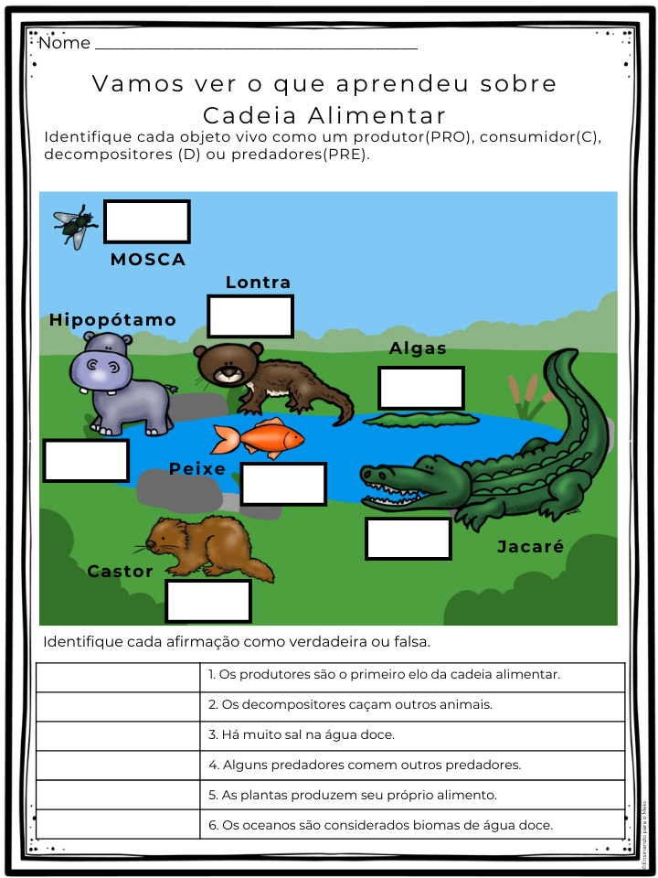 Plano de aula e atividade com bncc Cadeia alimentar água doce - 5º ano