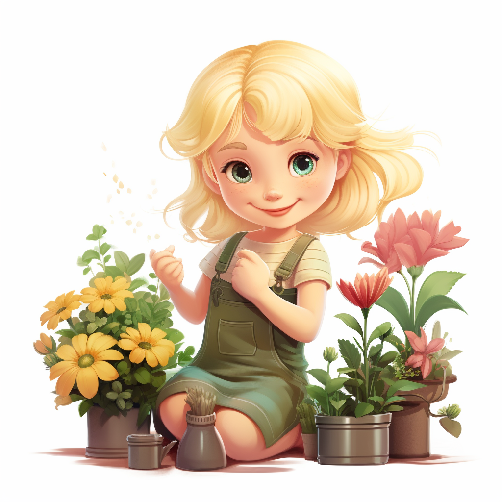 jo1970 cartoon style girl child with blonde hair gardening with d5a3c8fa 8c4a 4753 bc36 56bec8e8487e