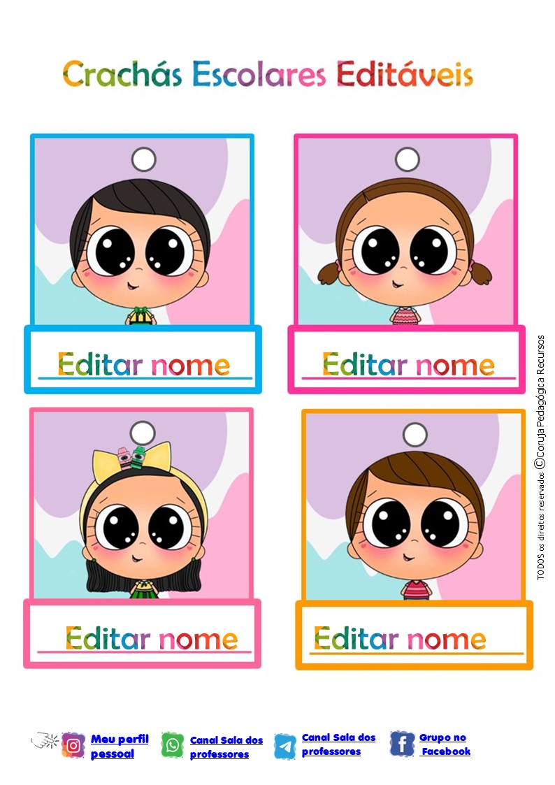 Crachás Editáveis com o Tema "Menino e Menina" Crachás editáveis Crianças fofas @corujapedagogicarecursos