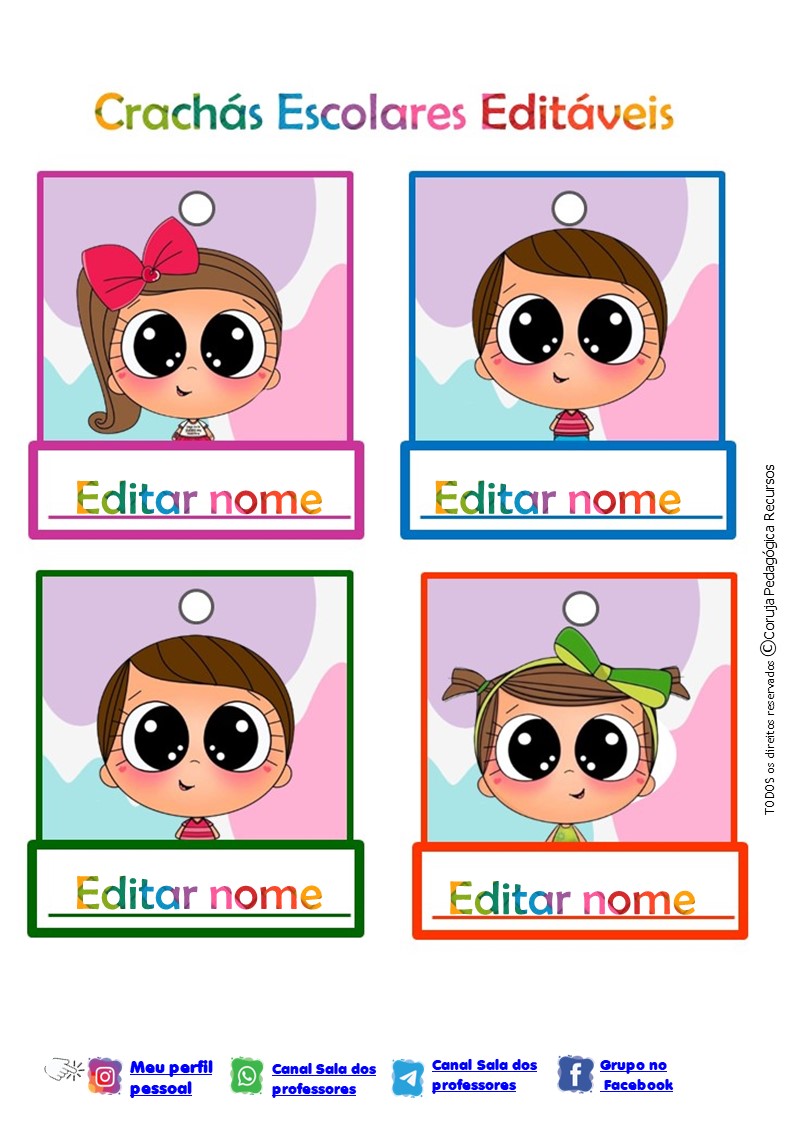 Crachás Editáveis com o Tema "Menino e Menina" Crachás editáveis Crianças fofas @corujapedagogicarecursos