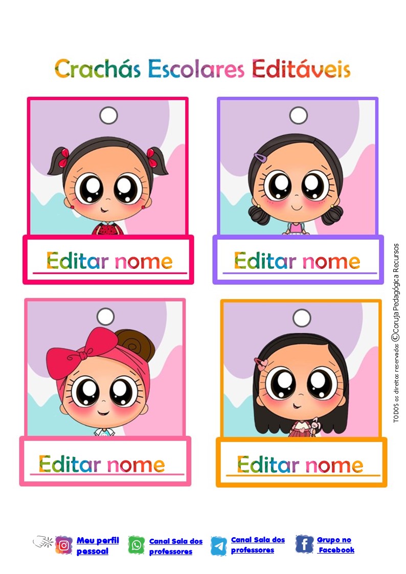 Crachás Editáveis com o Tema "Menino e Menina" Crachás editáveis Crianças fofas @corujapedagogicarecursos
