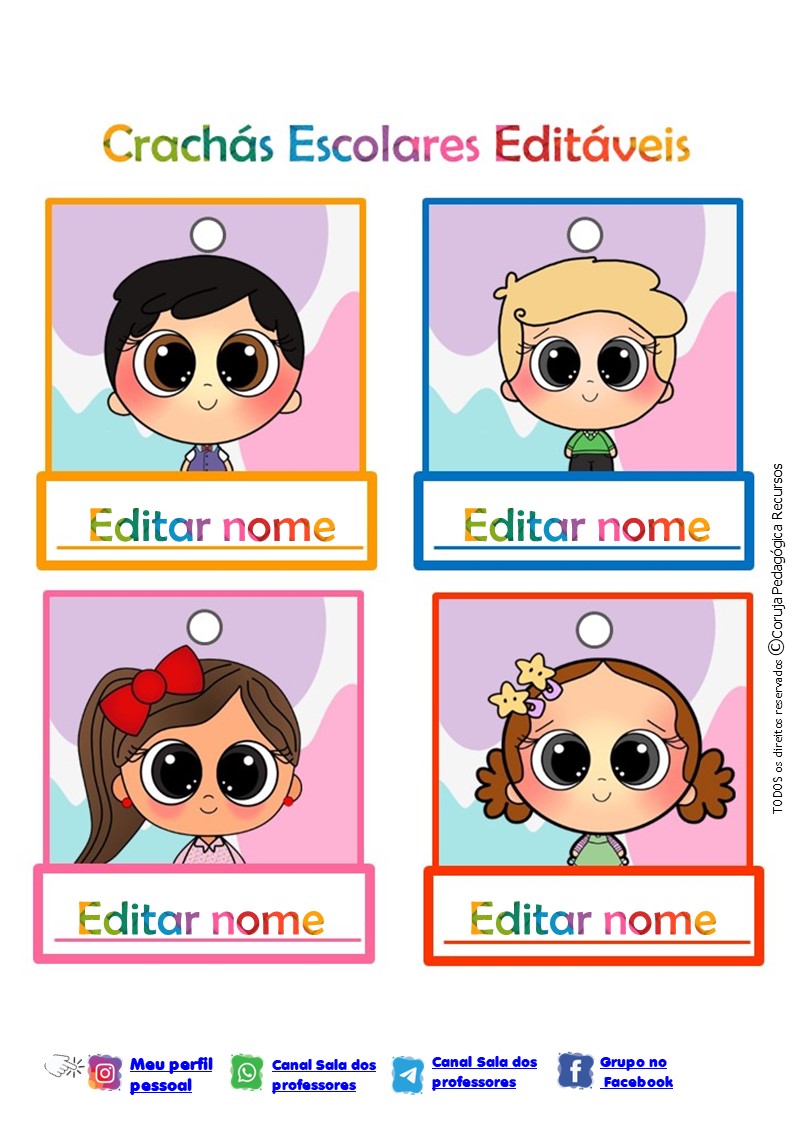 Crachás Editáveis com o Tema "Menino e Menina" Crachás editáveis Crianças fofas @corujapedagogicarecursos