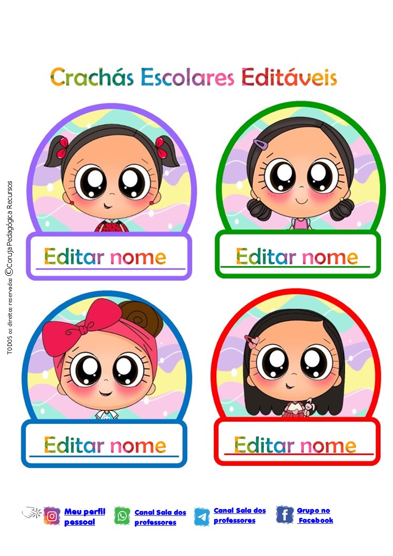 Crachás Editáveis com o Tema "Menino e Menina" Crachás editáveis Crianças fofas @corujapedagogicarecursos