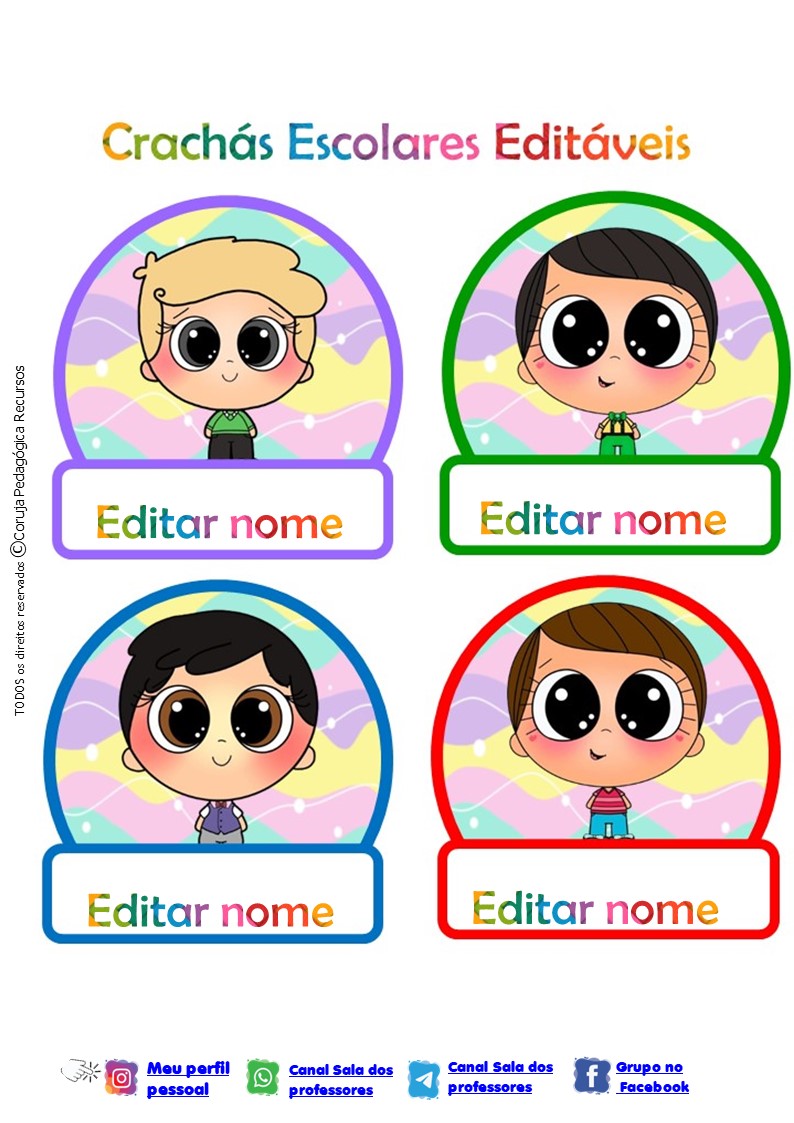 Crachás Editáveis com o Tema "Menino e Menina" Crachás editáveis Crianças fofas @corujapedagogicarecursos