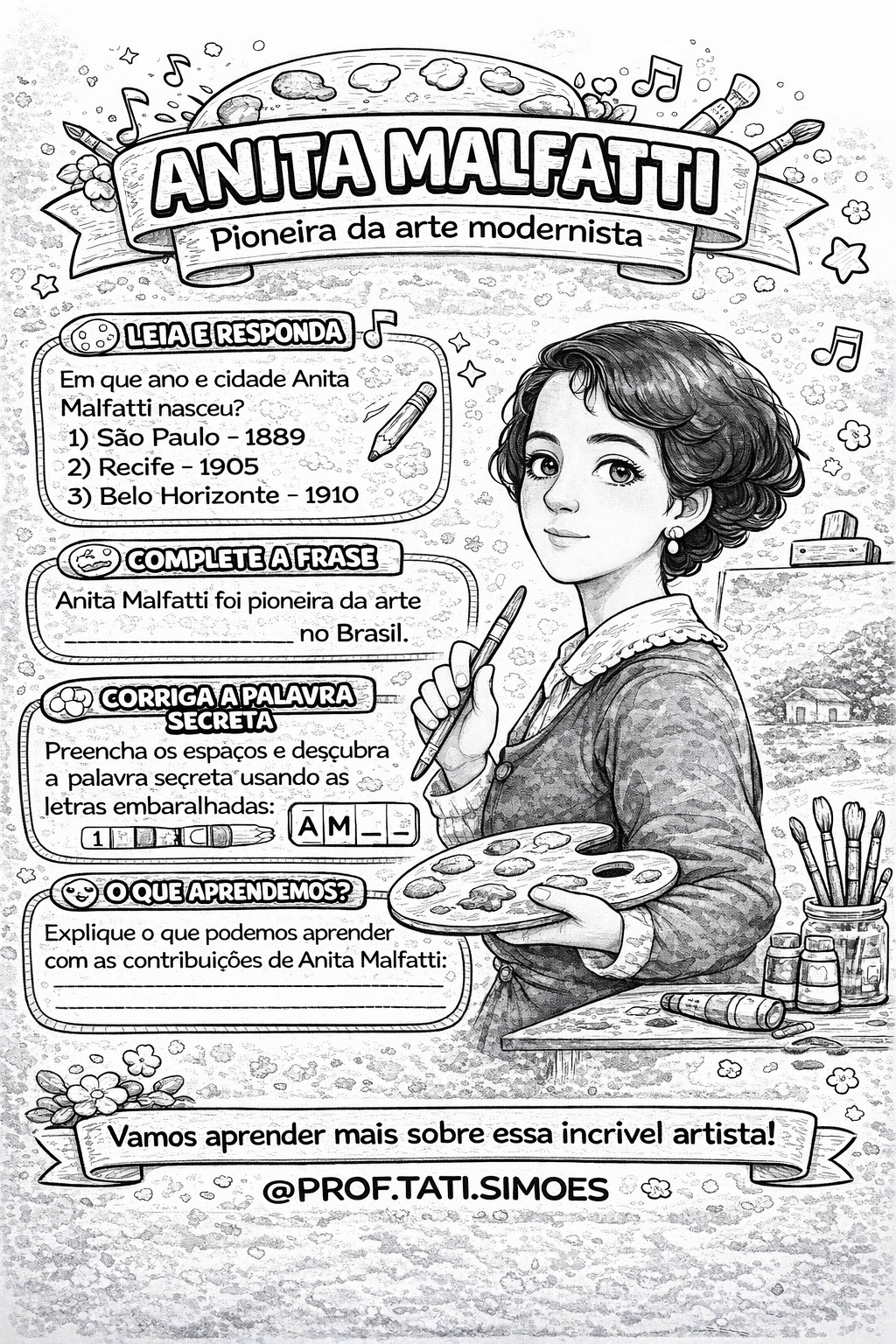 Anita Malfatti: Atividades e Biografia para Imprimir (Modernismo)