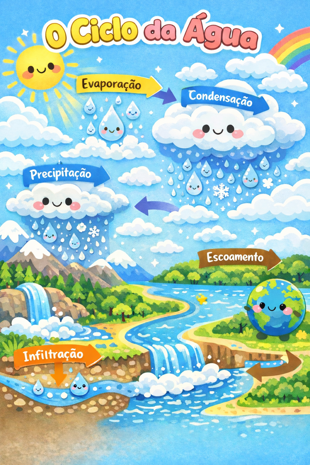 Infográfico O Ciclo da Água para crianças com etapas de evaporação e condensação.