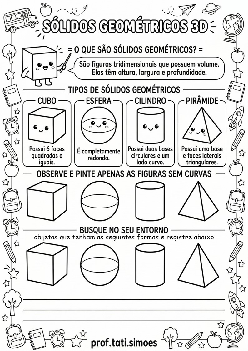 Sólidos Geométricos: Atividades de Poliedros e Não Poliedros (3º e 4º ano) @prof.tati.simoes