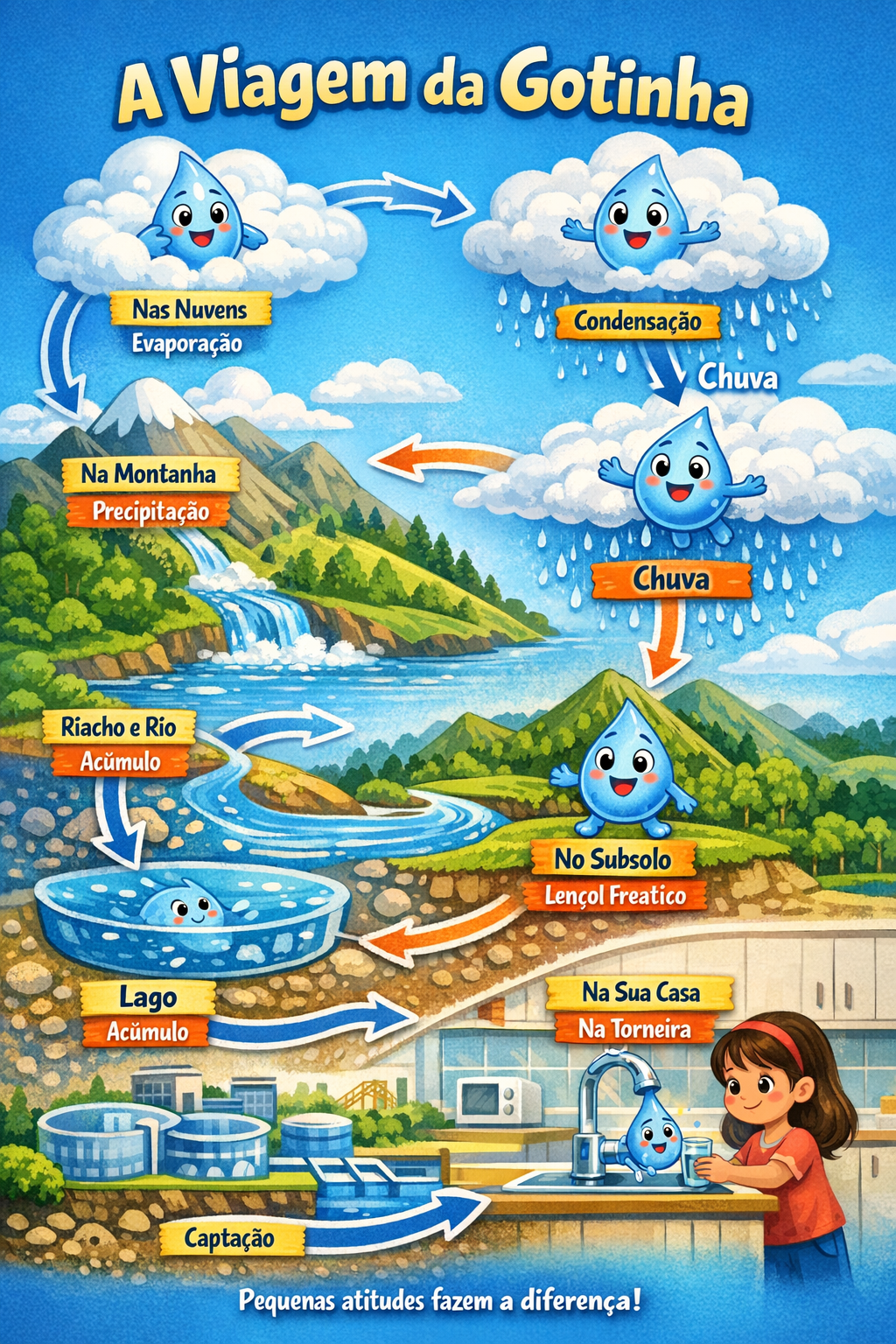 Infográfico A Viagem da Gotinha etapas do tratamento e uso da água.