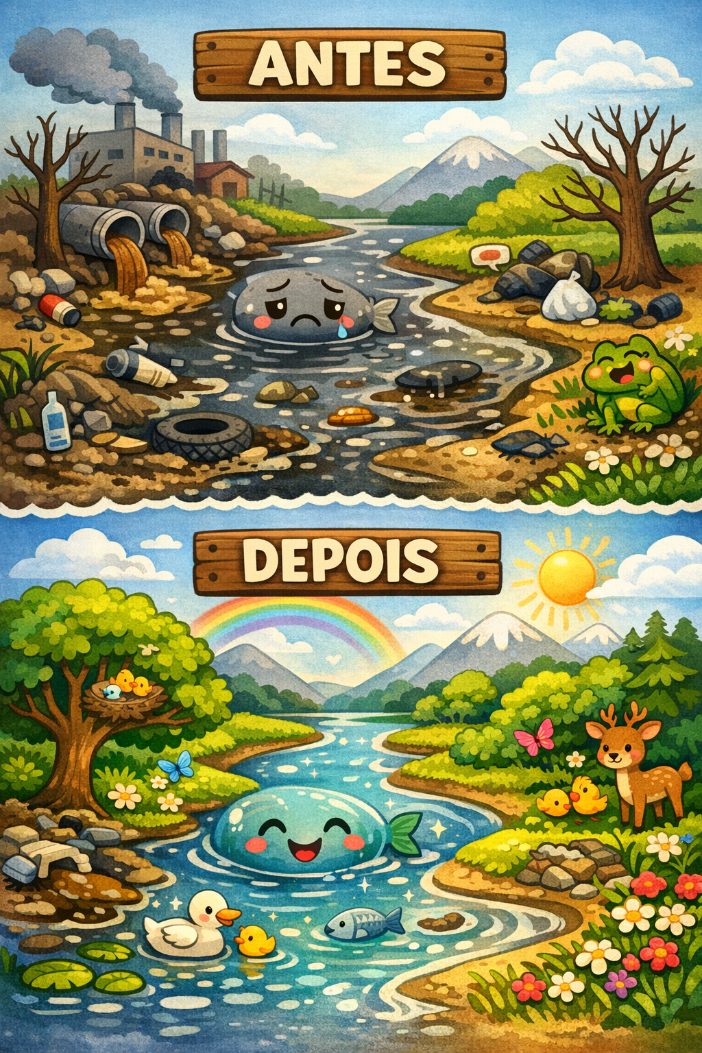 Comparação rio poluído antes e depois da recuperação ambiental.