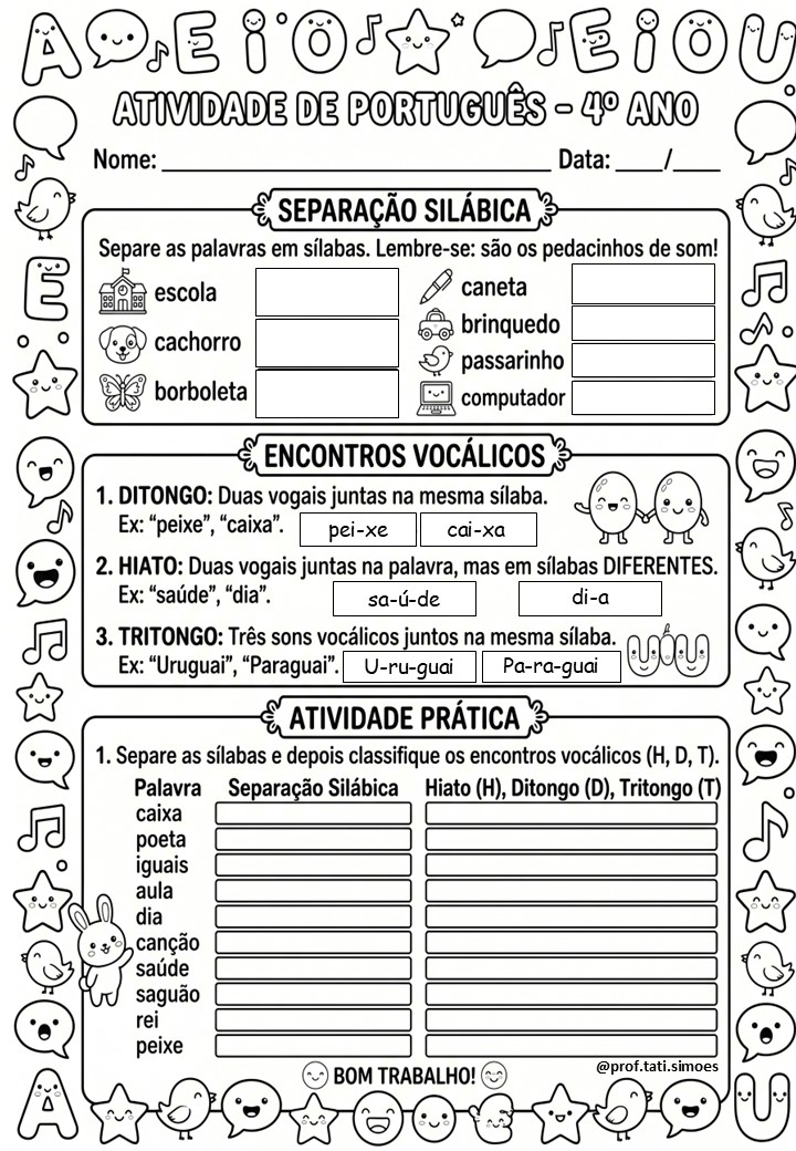 Atividades de Separação Silábica, Ditongo, Tritongo e Hiato – 4º Ano para Imprimir