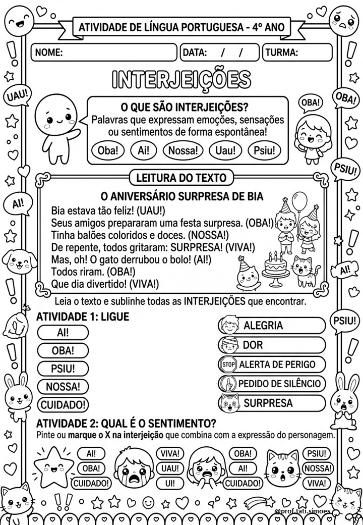 Atividades de Interjeições para o 4º Ano – PDF Gratuito para Imprimir
