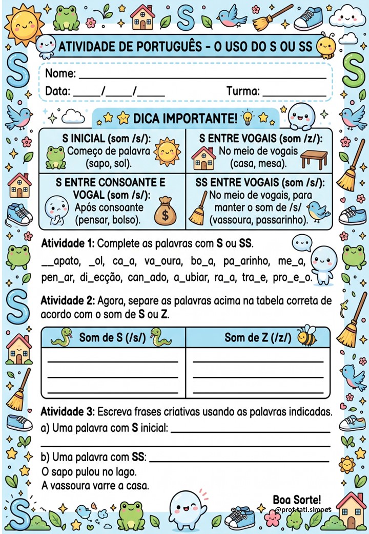 Atividades de Ortografia S e SS para o 4º Ano – PDF Gratuito para Imprimir @PROF.TATI.SIMOES