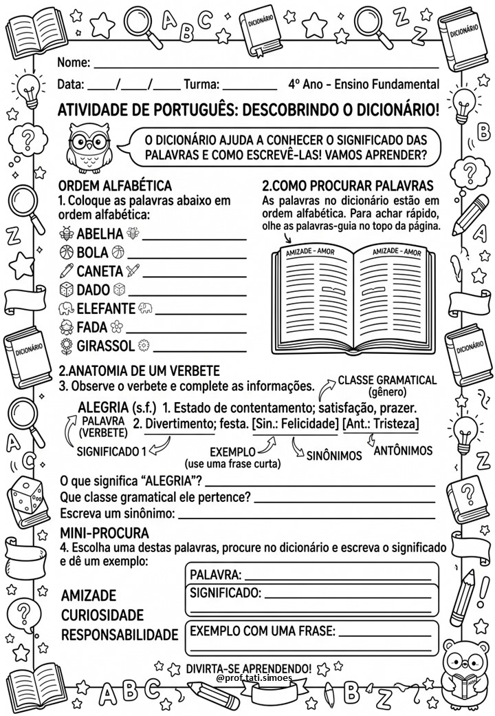 Atividades sobre o Uso do Dicionário para o 4º e 5º Ano – PDF Gratuito para Imprimir @PROF.TATI.SIMOES