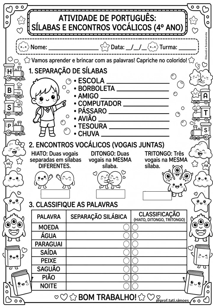 Atividades de Separação Silábica, Ditongo, Tritongo e Hiato – 4º Ano para Imprimir