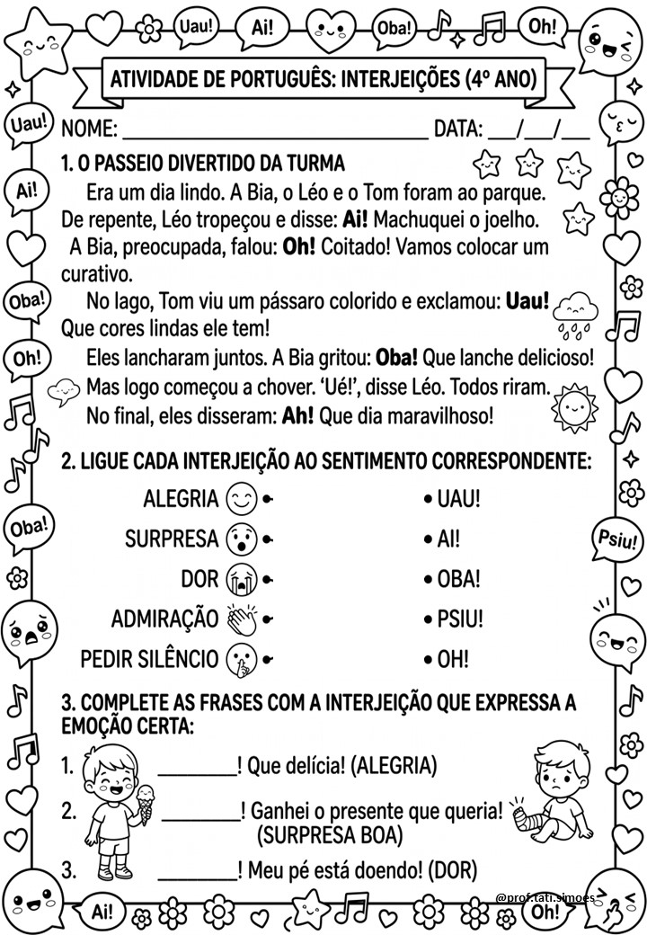 Atividades de Interjeições para o 4º Ano – PDF Gratuito para Imprimir