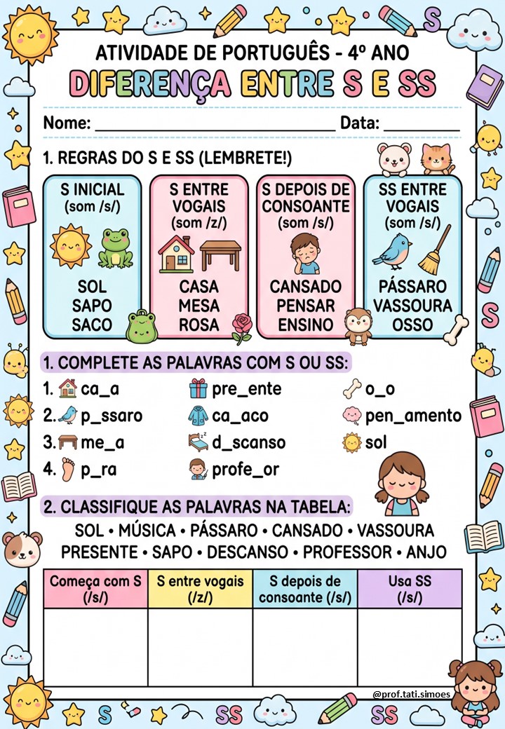 Atividades de Ortografia S e SS para o 4º Ano – PDF Gratuito para Imprimir @PROF.TATI.SIMOES