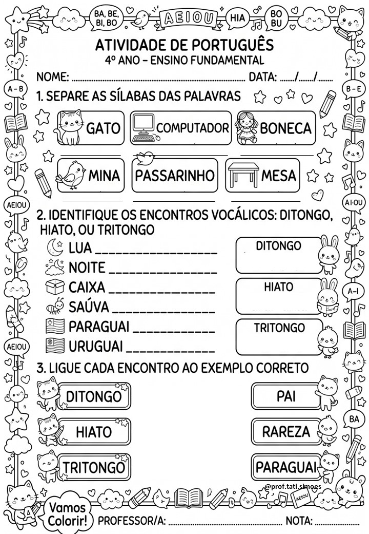 Atividades de Separação Silábica, Ditongo, Tritongo e Hiato – 4º Ano para Imprimir