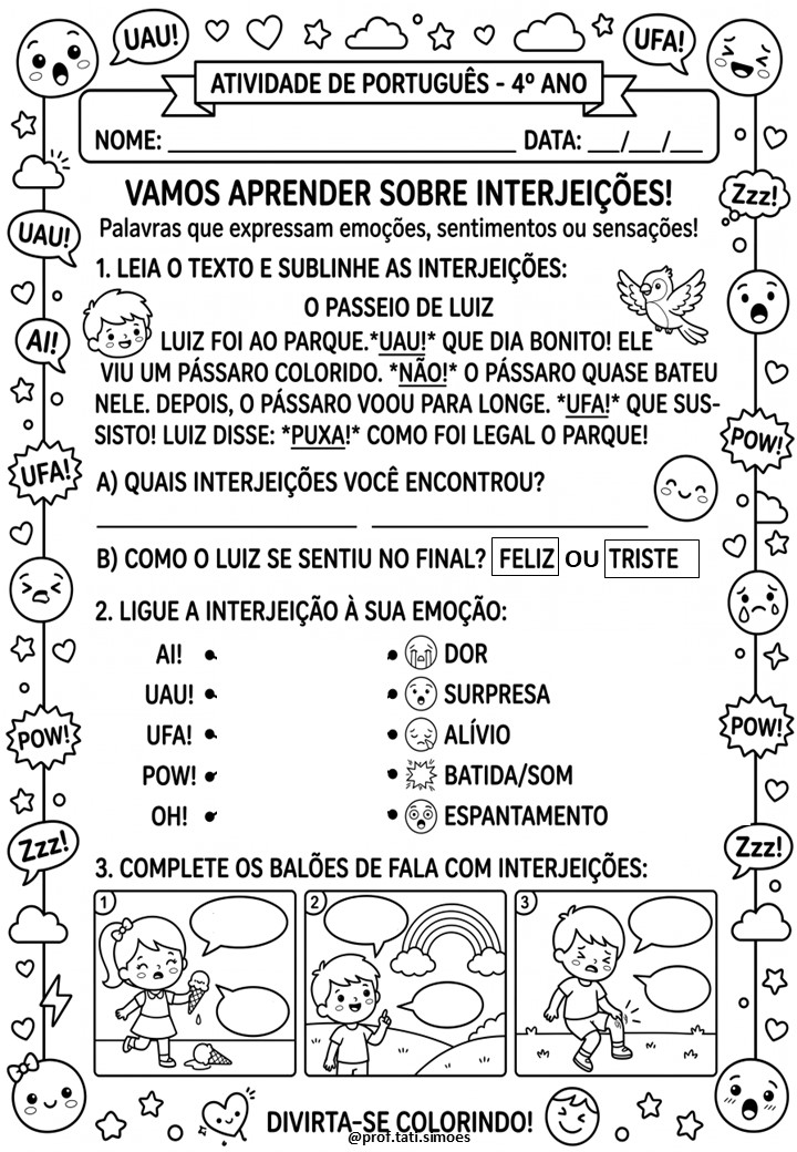 Atividades de Interjeições para o 4º Ano – PDF Gratuito para Imprimir