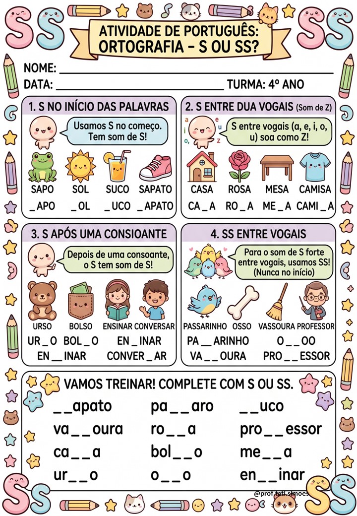 Atividades de Ortografia S e SS para o 4º Ano – PDF Gratuito para Imprimir @PROF.TATI.SIMOES