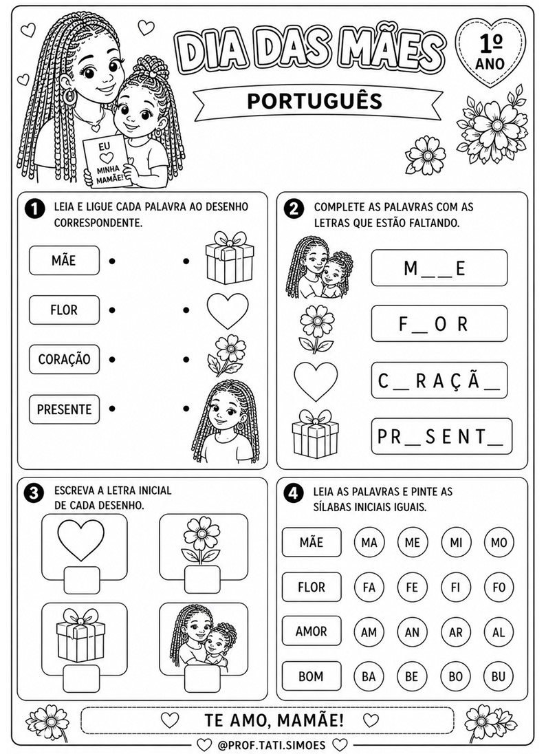 Caderno de atividades interdisciplinar Dia das mães 1º ano @prof.tati.simoes