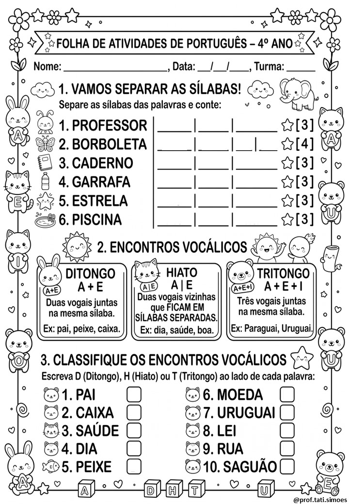Atividades de Separação Silábica, Ditongo, Tritongo e Hiato – 4º Ano para Imprimir