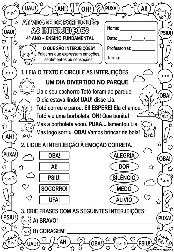 Atividades de Interjeições para o 4º Ano – PDF Gratuito para Imprimir