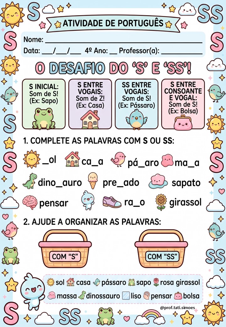 Atividades de Ortografia S e SS para o 4º Ano – PDF Gratuito para Imprimir @PROF.TATI.SIMOES