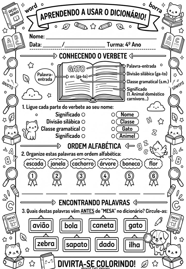 Atividades sobre o Uso do Dicionário para o 4º e 5º Ano – PDF Gratuito para Imprimir @PROF.TATI.SIMOES