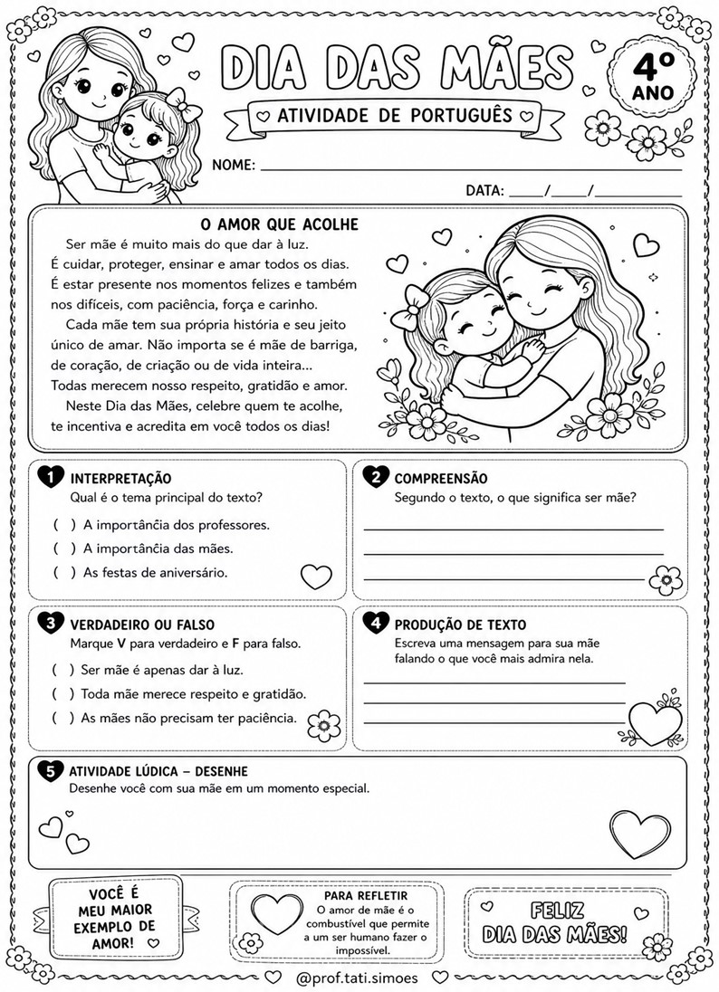 Caderno de atividades interdisciplinar 4º ano Dia das mães - prof.tati.simoes