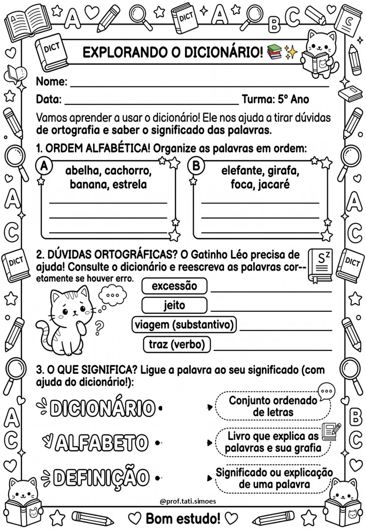 Atividades sobre o Uso do Dicionário para o 4º e 5º Ano – PDF Gratuito para Imprimir @PROF.TATI.SIMOES