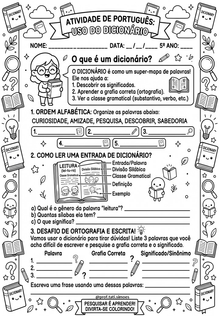 Atividades sobre o Uso do Dicionário para o 4º e 5º Ano – PDF Gratuito para Imprimir @PROF.TATI.SIMOES
