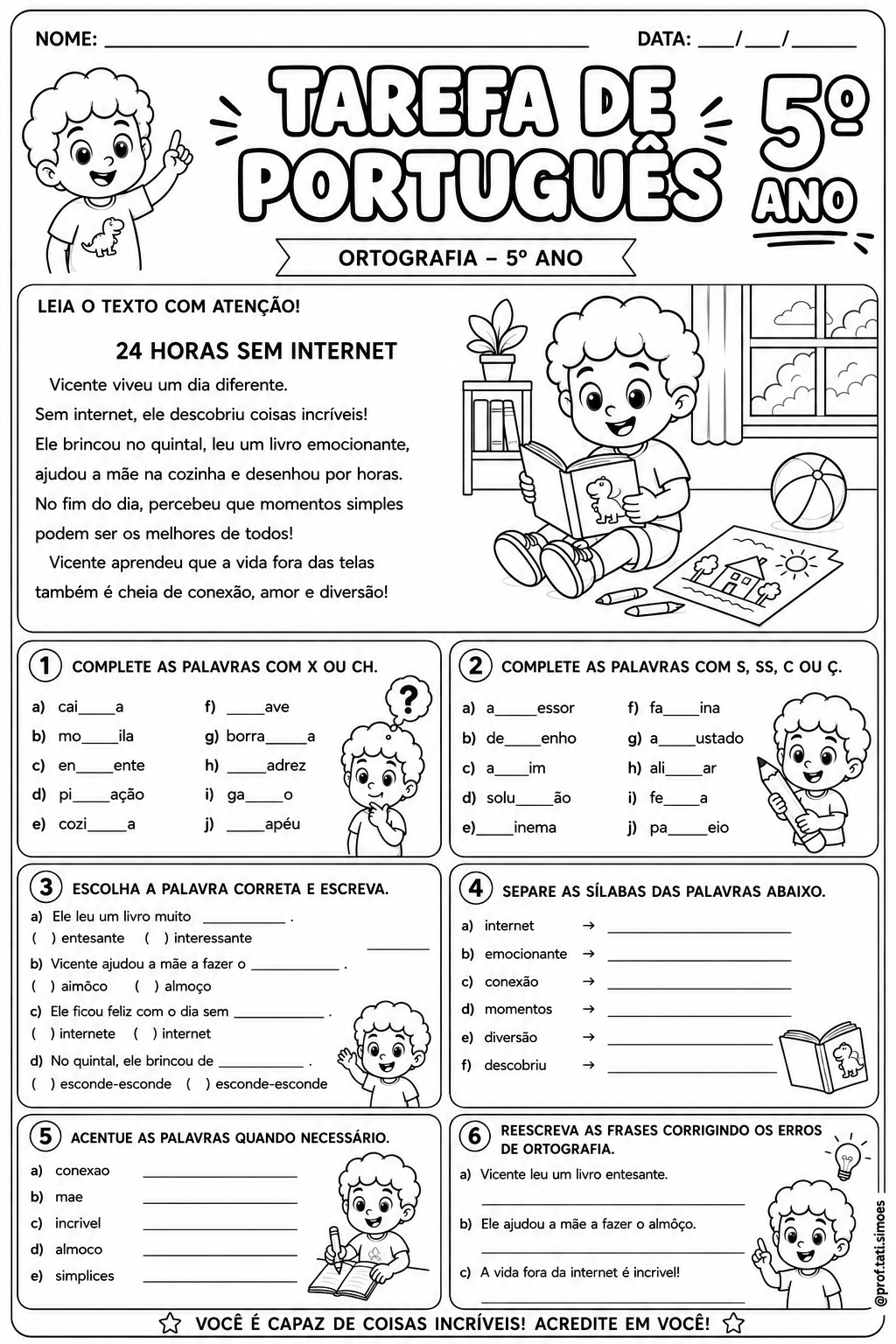 Tarefa de Português – 5º AnoLeitura e Interpretação, Ortografia, Substantivos, Adjetivos e Verbos @PROF.TATI.SIMOES
