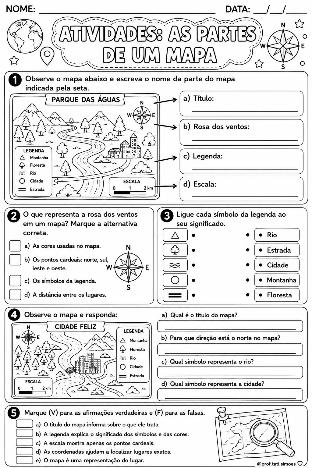 Atividades sobre as Partes de um Mapa para o Ensino Fundamental (Prontas para Imprimir) @prof.tati.simoes