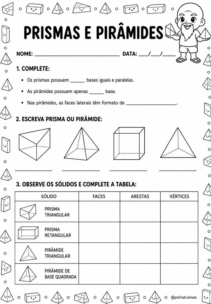 Atividades de Sólidos Geométricos para o 4º Ano: Prismas, Pirâmides, Faces, Arestas e Vértices