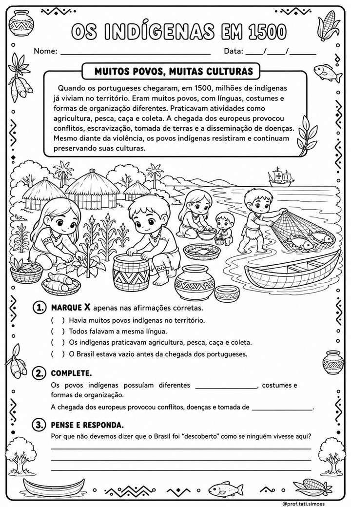 Atividades de História para o 4º ano: primeiros habitantes e povos indígenas @prof.tati.simoes