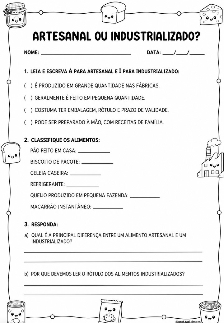 Atividades sobre alimentos para o 4º ano: produção, orgânicos e conservação Atividades sobre alimentos para o 4º ano em versão preto e branco para imprimir @PROF.TATI.SIMOES