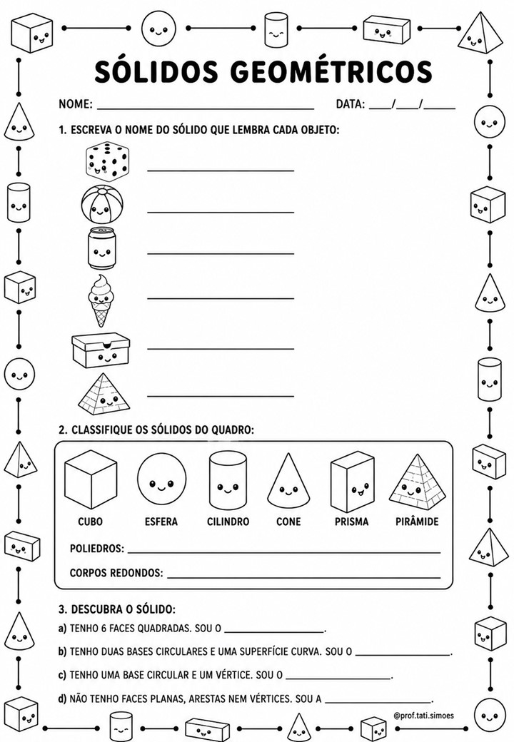 Atividades de Sólidos Geométricos para o 4º Ano: Prismas, Pirâmides, Faces, Arestas e Vértices