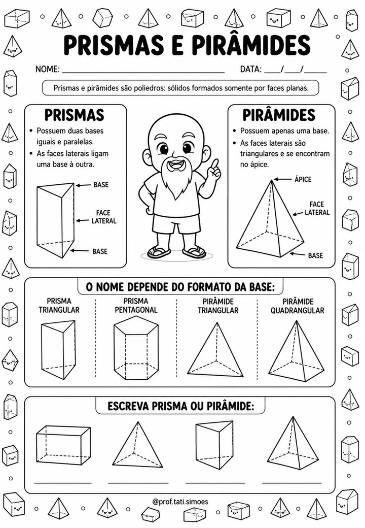 Atividades de Sólidos Geométricos para o 4º Ano: Prismas, Pirâmides, Faces, Arestas e Vértices