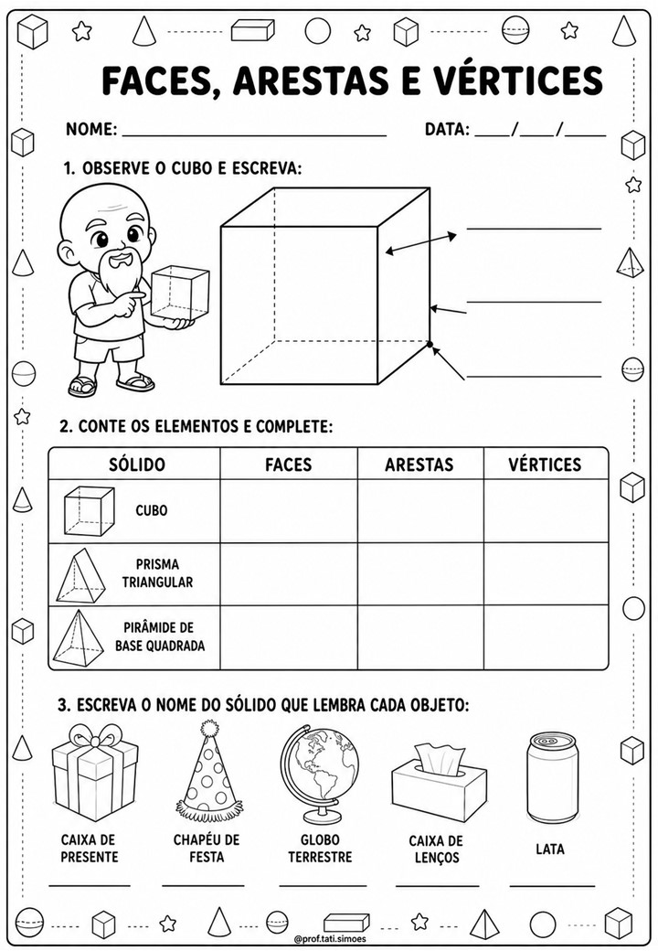 Atividades de Sólidos Geométricos para o 4º Ano: Prismas, Pirâmides, Faces, Arestas e Vértices